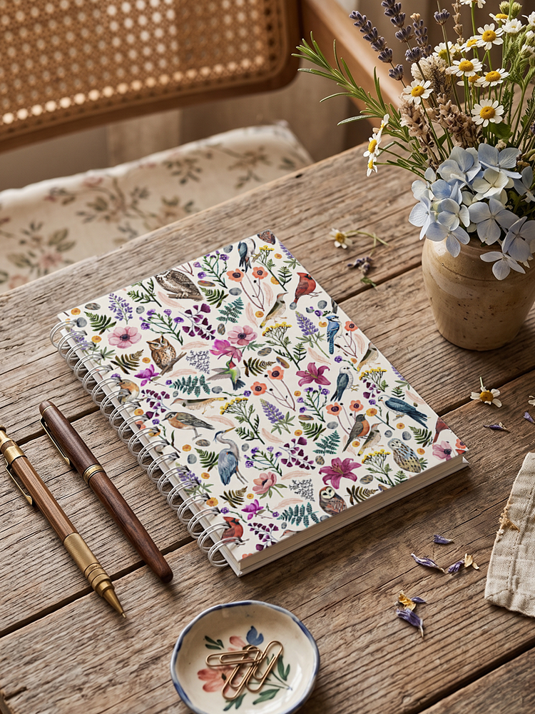 Whimsical Woodland Birds Wildflowers Print A5 Spiral Notebook 