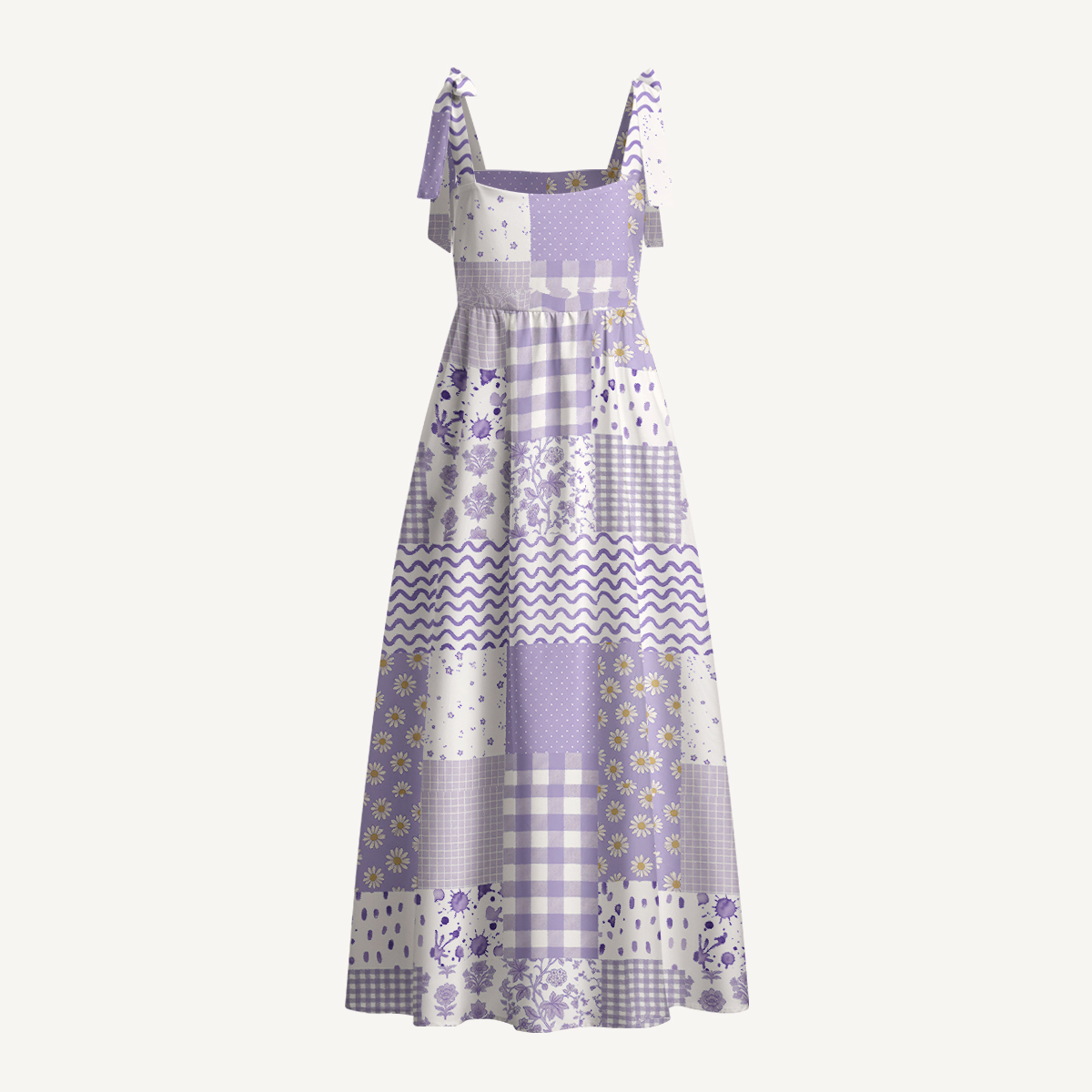 Lavender Field Patchwork Print Bow Strap Maxi Dress With Pockets