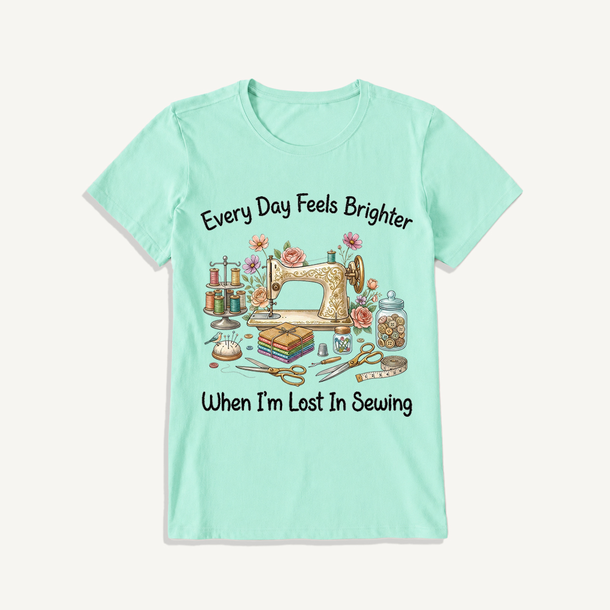Lost in Sewing Joy Print Crew Neck Cotton Tee