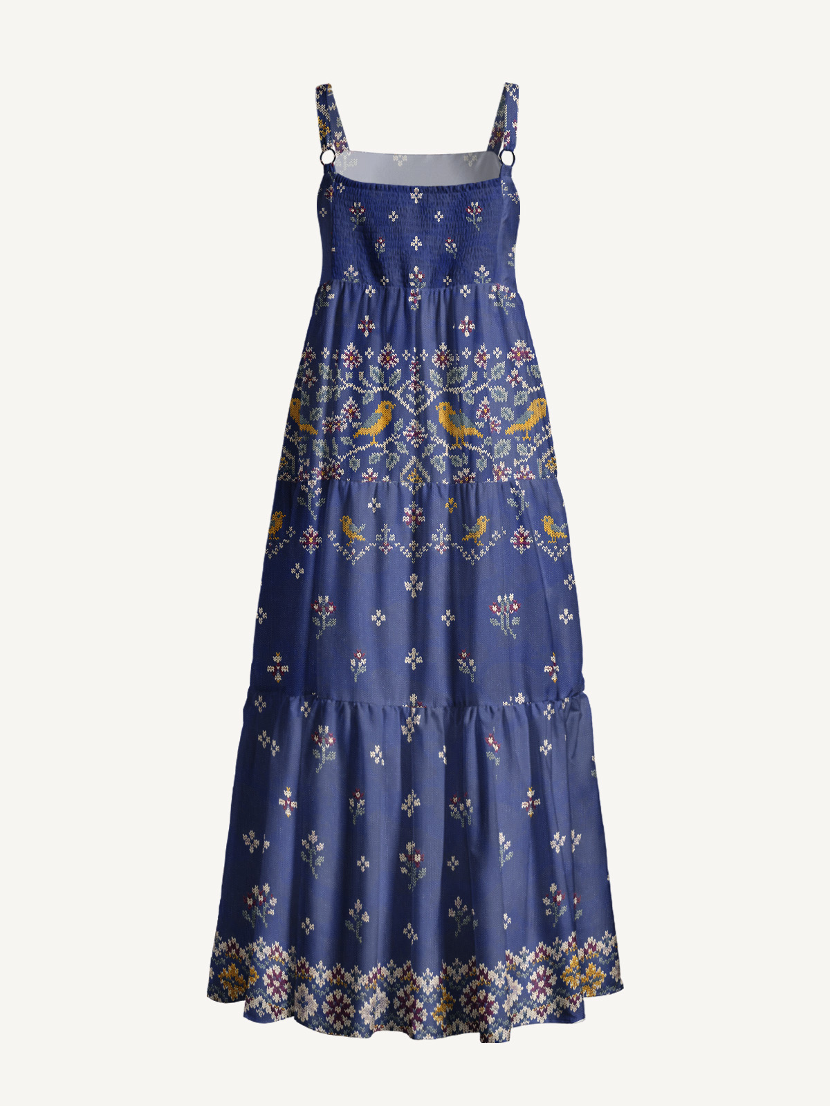 Vintage Fair Isle Birds Print Wide Straps Maxi Dress With Pockets