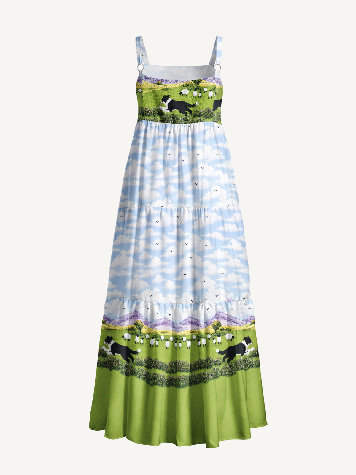 Green Meadow Sheepdog Print Wide Straps Maxi Dress With Pockets
