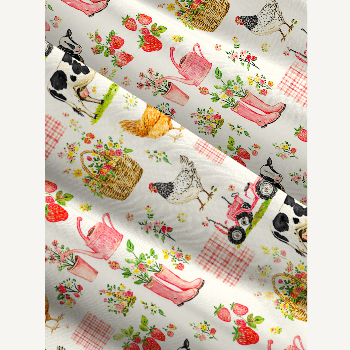 Watercolor Pink Farm Chicken Print Wide Straps Maxi Dress With Pockets