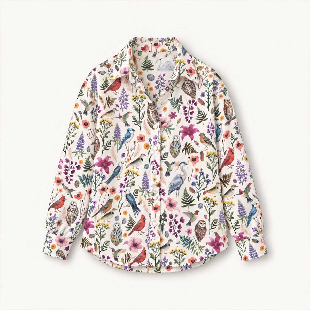 Whimsical Woodland Birds Wildflowers Long-Sleeve Button-Up Shirt