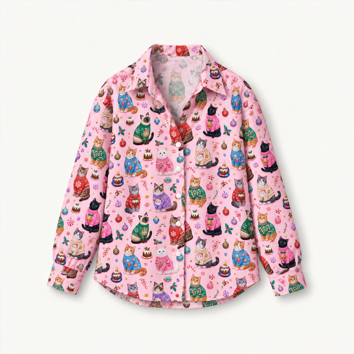 Christmas Sweater Cats Holiday Long-Sleeve Button-Up Shirt
