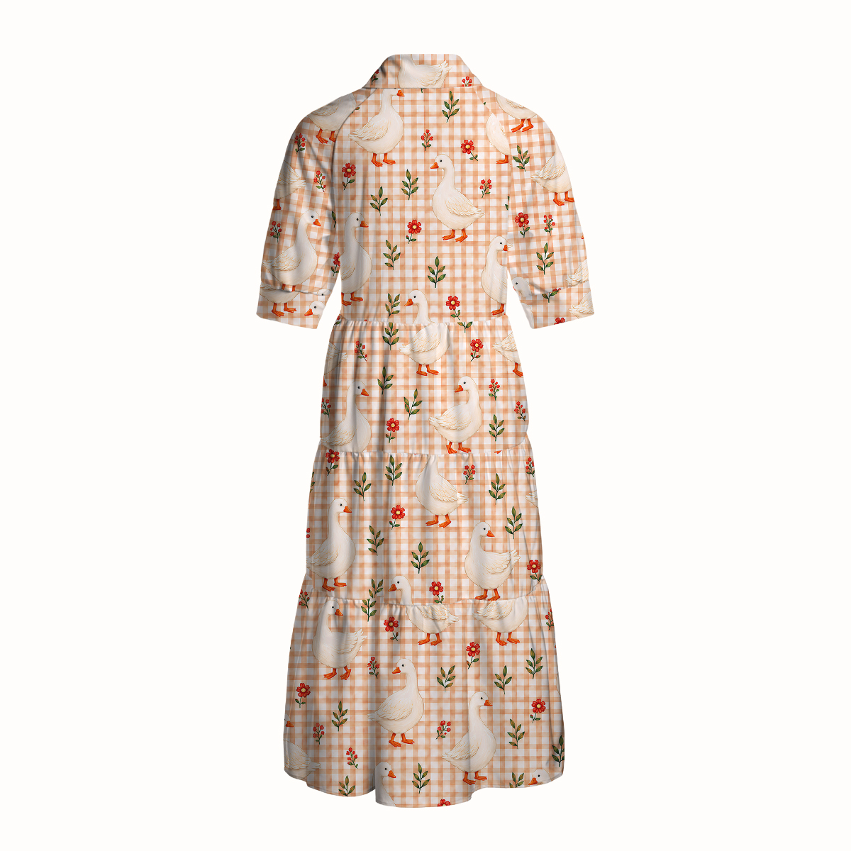 V Neck Collared Country Gingham Garden Geese Print Casual Midi Dress With Pockets