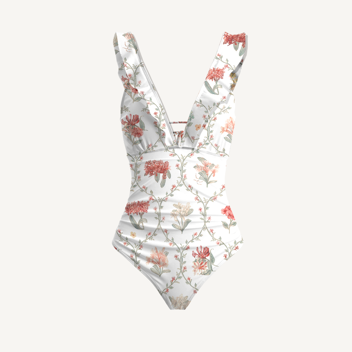 Coral Vine Ruffled V Neck One Piece Swimsuit and Matching Midi Skirt Set