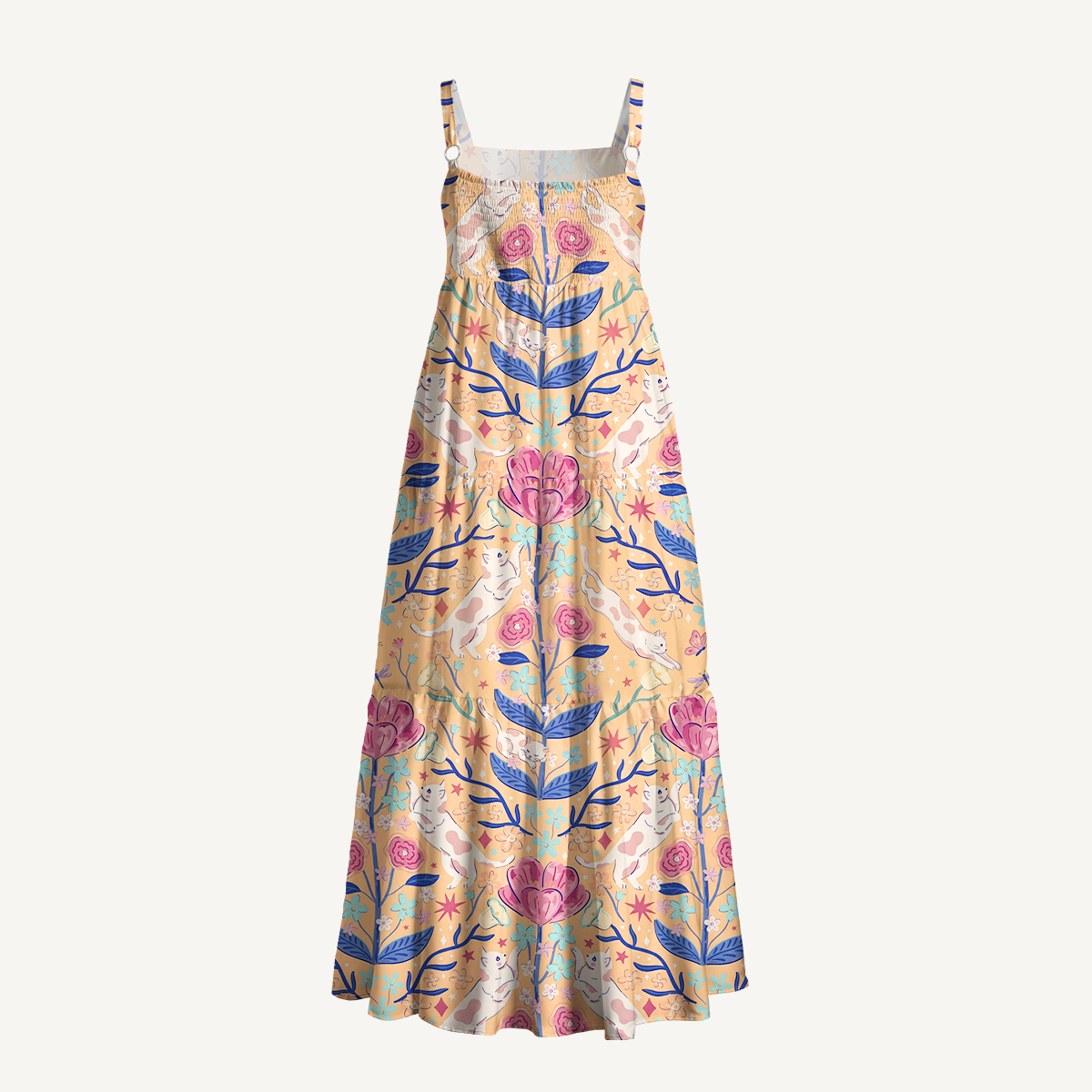 Cat in Secret Garden Print Wide Straps Maxi Dress With Pockets