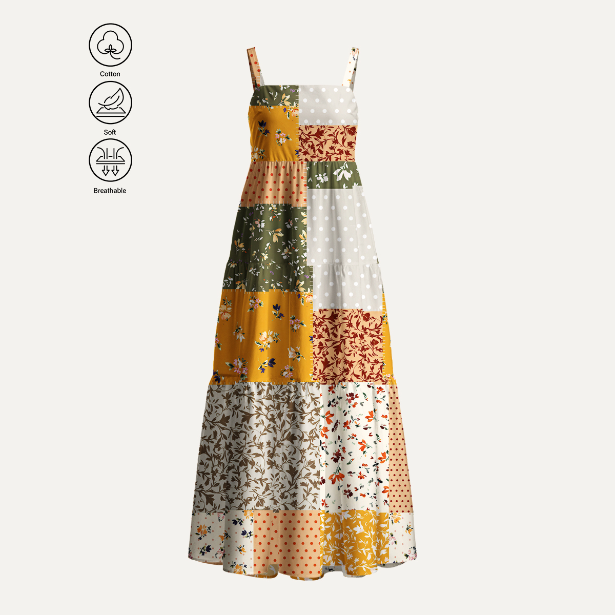 Rustic Floral Patchwork Print Cotton Wide Straps Maxi Dress With Pockets
