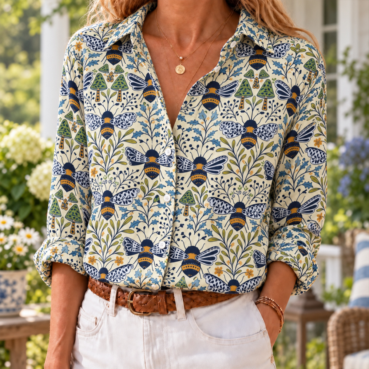 Botanical Bee Garden Long-Sleeve Button-Up Shirt