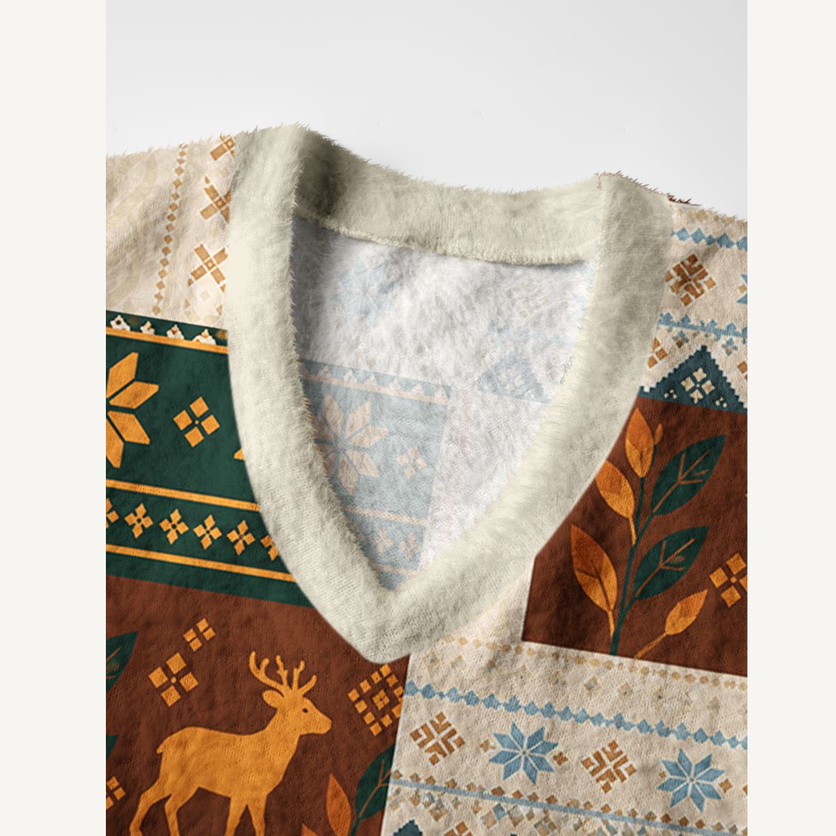 Forest Reindeer Cabin Quilt Print V-Neck Sweater Vest