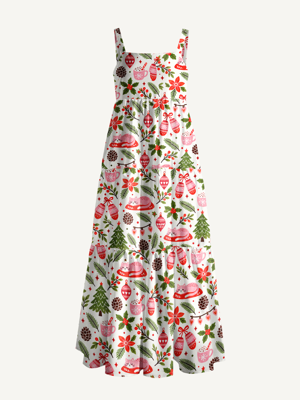 Cozy Cocoa Cat Christmas Print Wide Straps Maxi Dress With Pockets