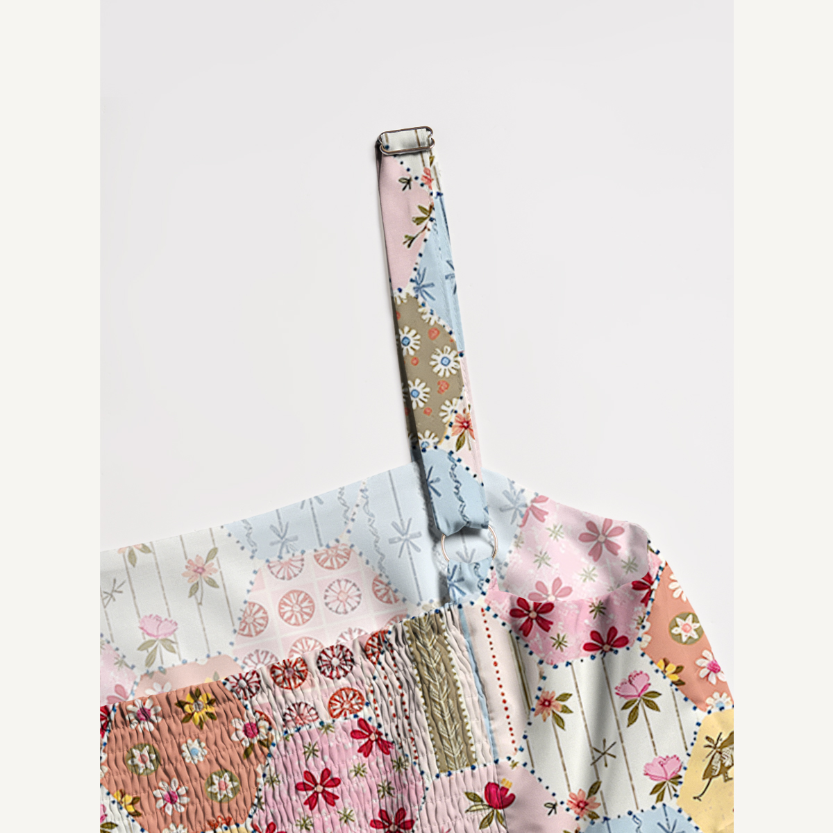 Retro Hexagon Patchwor Print Wide Straps Maxi Dress With Pockets