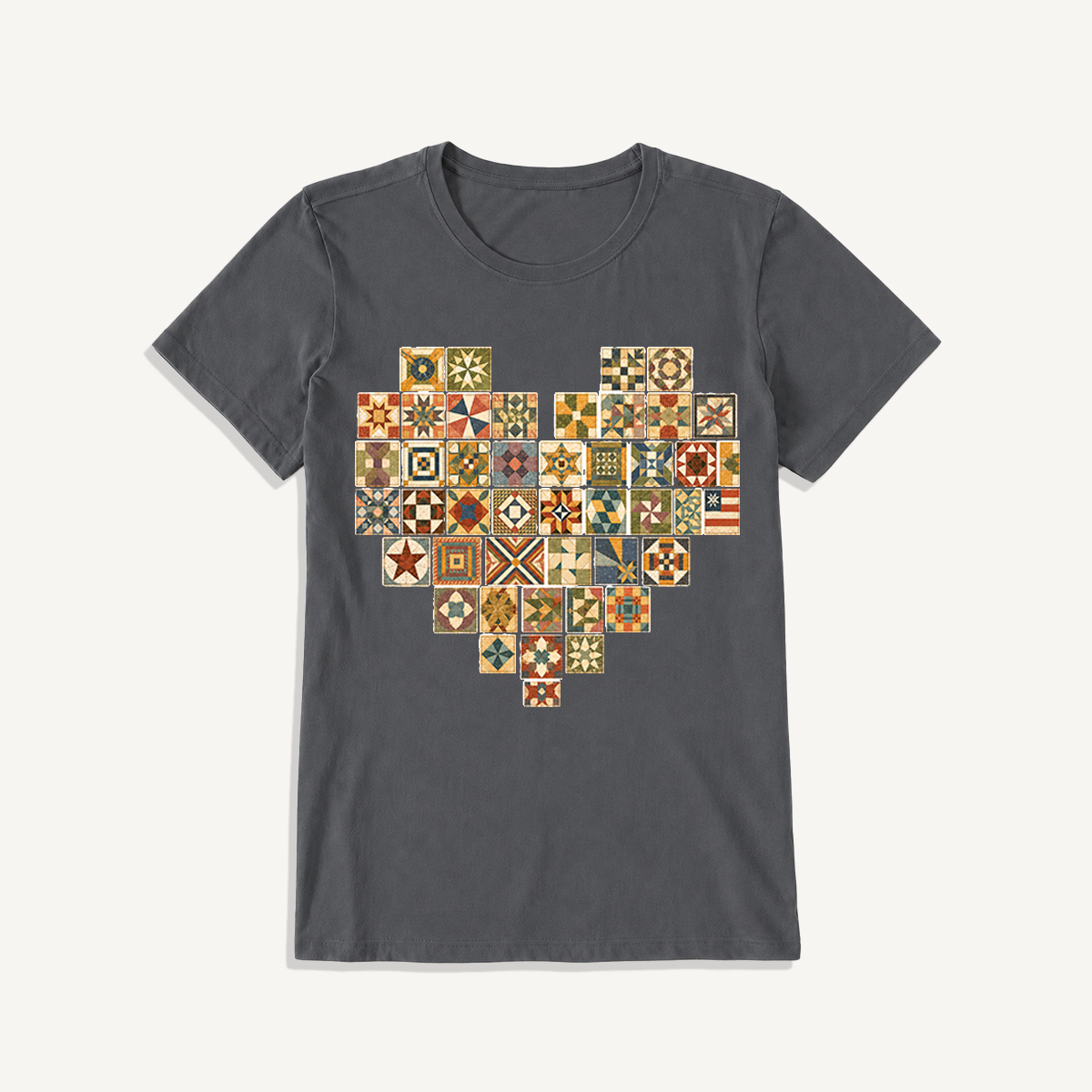 Vintage Quilt Block Heart Print Crew Neck Cotton Tee