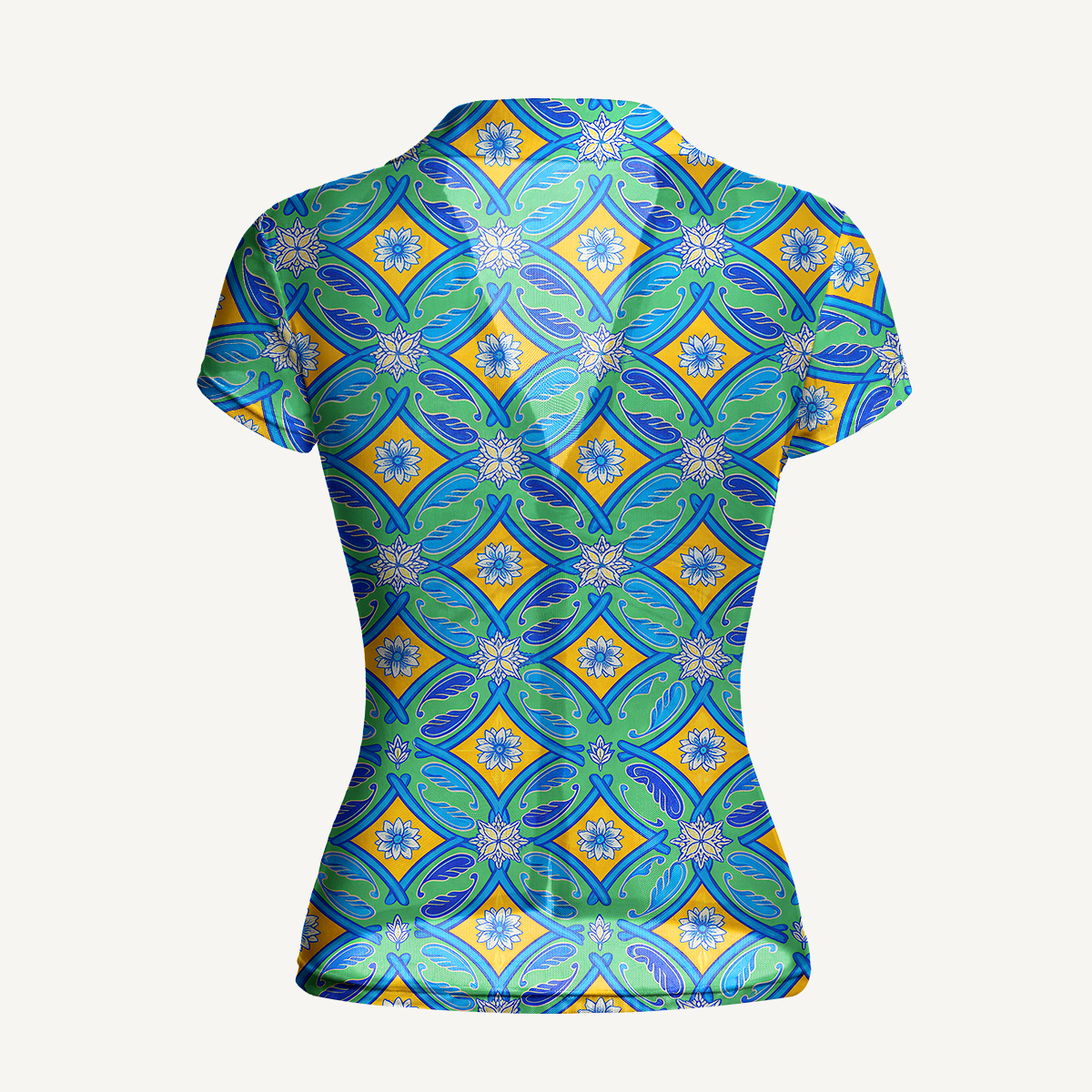 V-Neck Short Sleeve Azure Tile Print Mesh Top