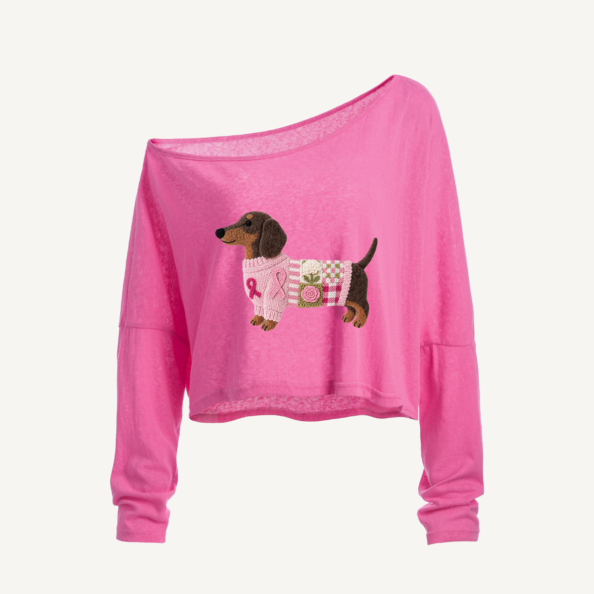 Pink Ribbon Breast Cancer Dachshund Patchwork Long Sleeve Off Shoulder T-shirt