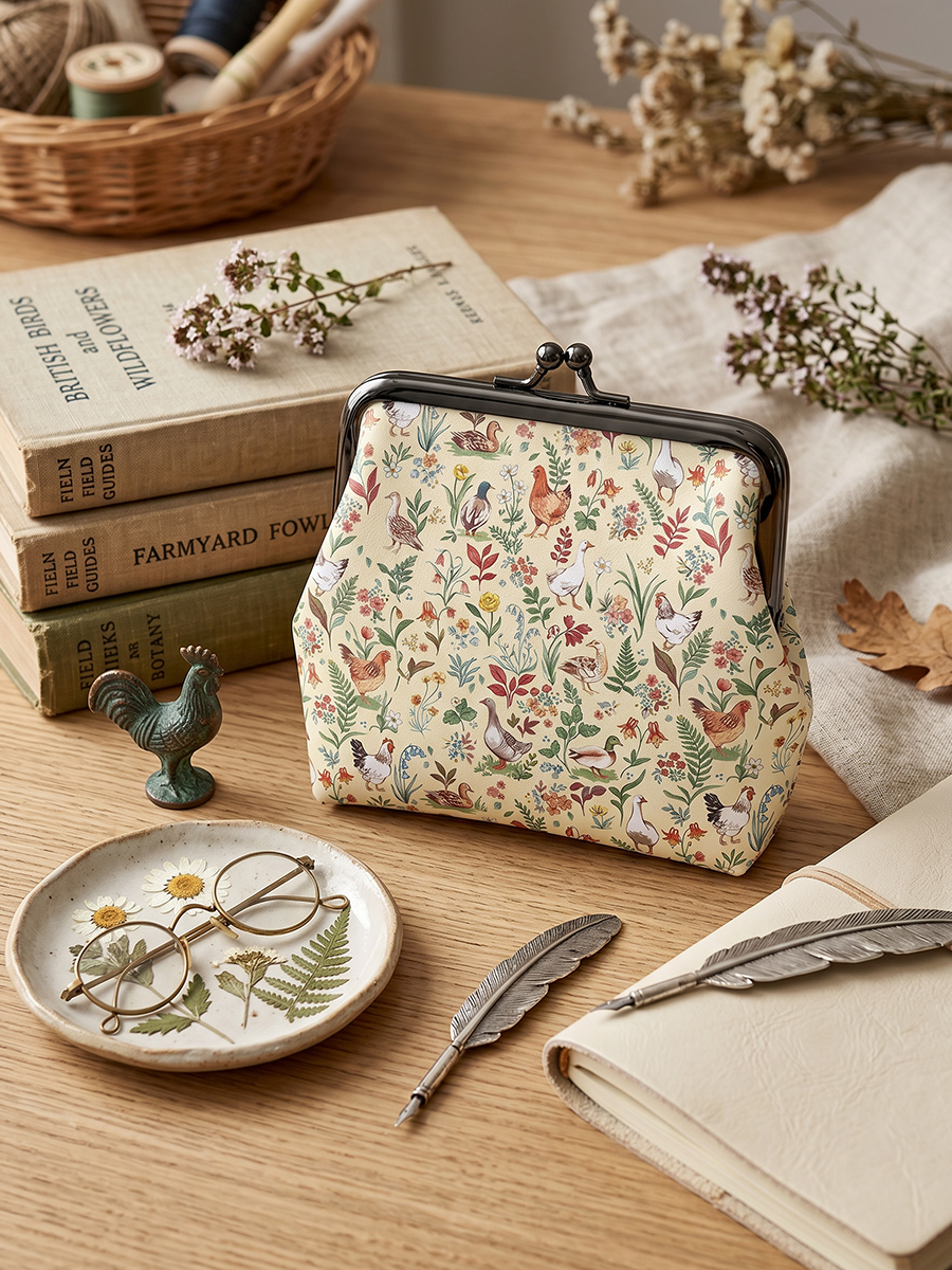 Countryside Garden Critter Print Leather Mini Clasp Purse