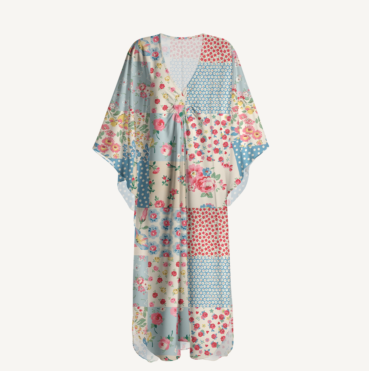  V‑Neck Pastel Patc Kimono Sleeve Kaftan Dress