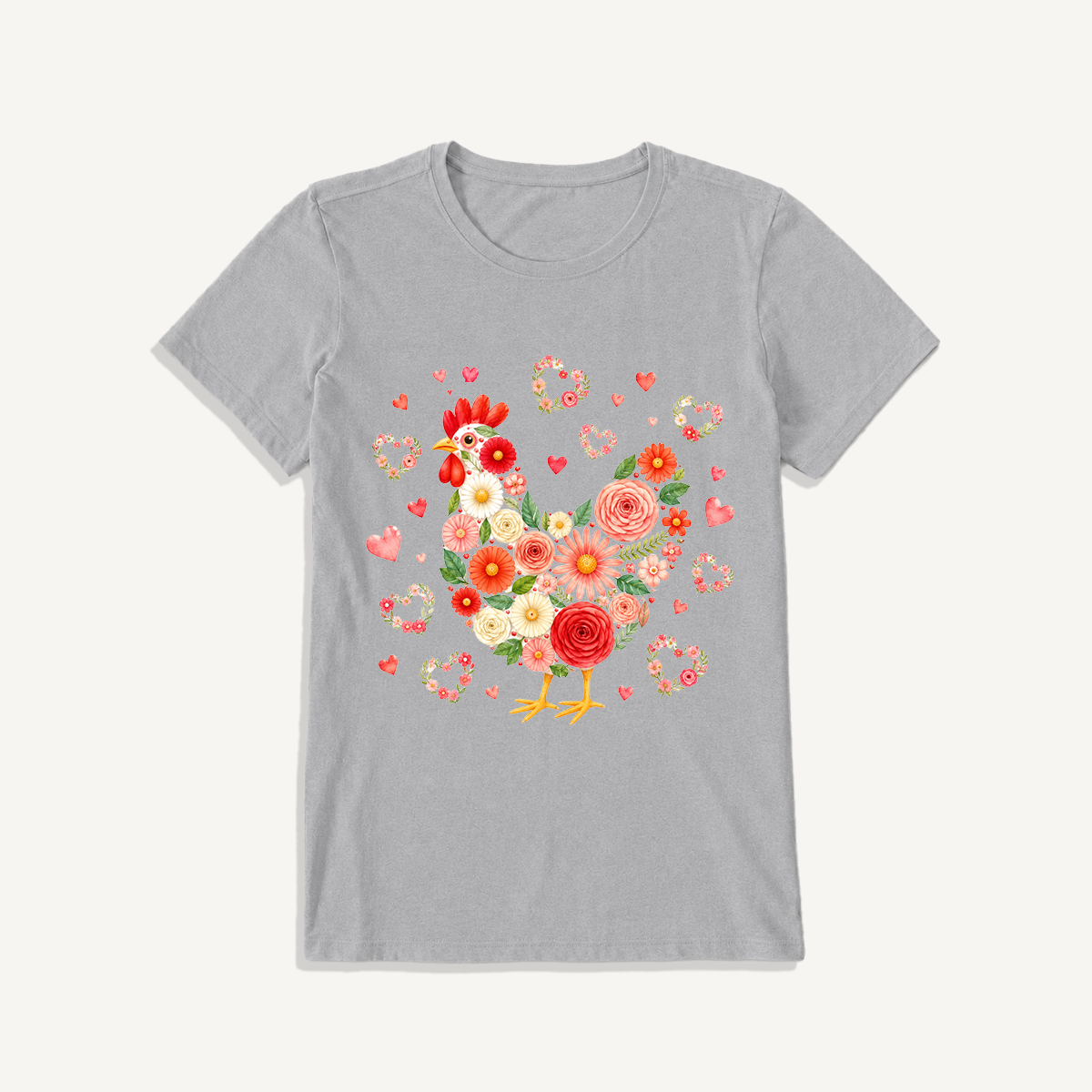 Blooms Floral Chicken Print Crew Neck Cotton Tee