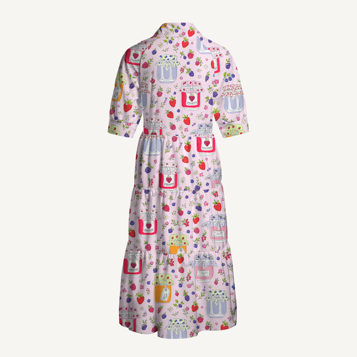 V Neck Collared Strawberry Jam Print Casual Midi Dress With Pockets