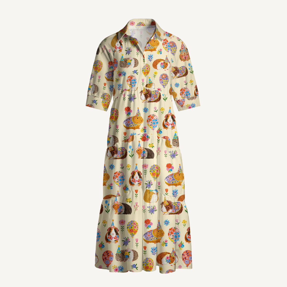 V Neck Collared Guinea Pig Garden Party Print Casual Midi Dress With Pockets