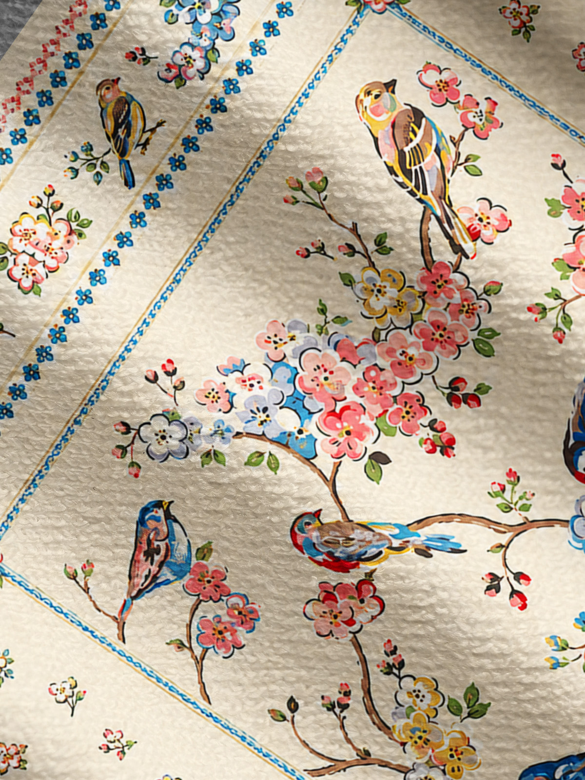 Vintage Floral Songbirds Print Fine‑Knit Cardigan
