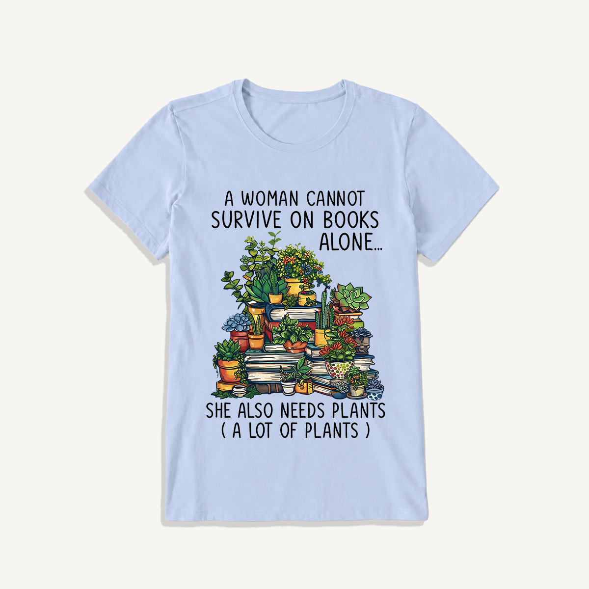 Books and Potted Plants Print Crew Neck Cotton Tee