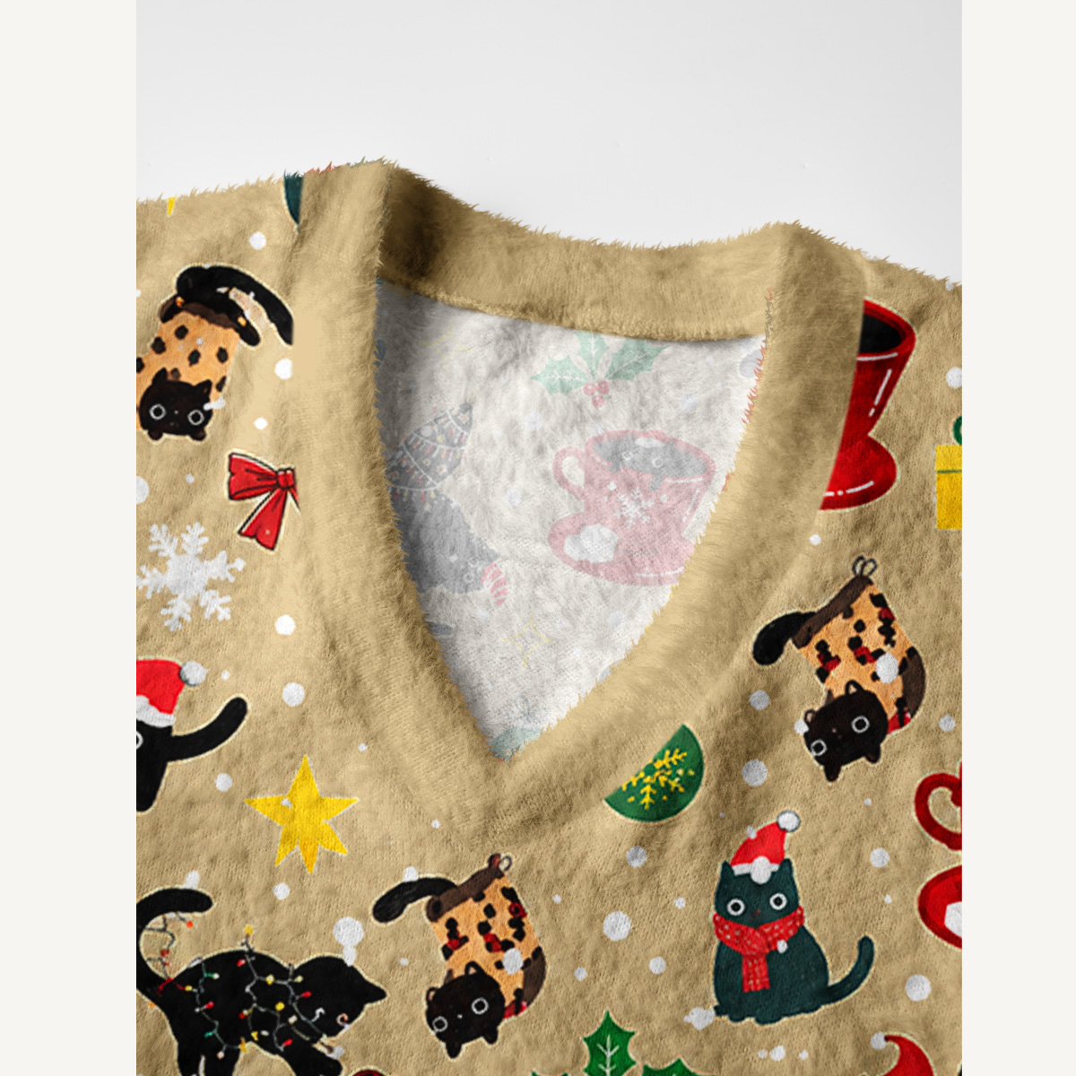 Playful Christmas Black Cats Print V-Neck Sweater Vest