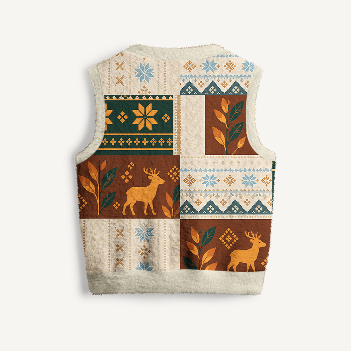 Forest Reindeer Cabin Quilt Print V-Neck Sweater Vest