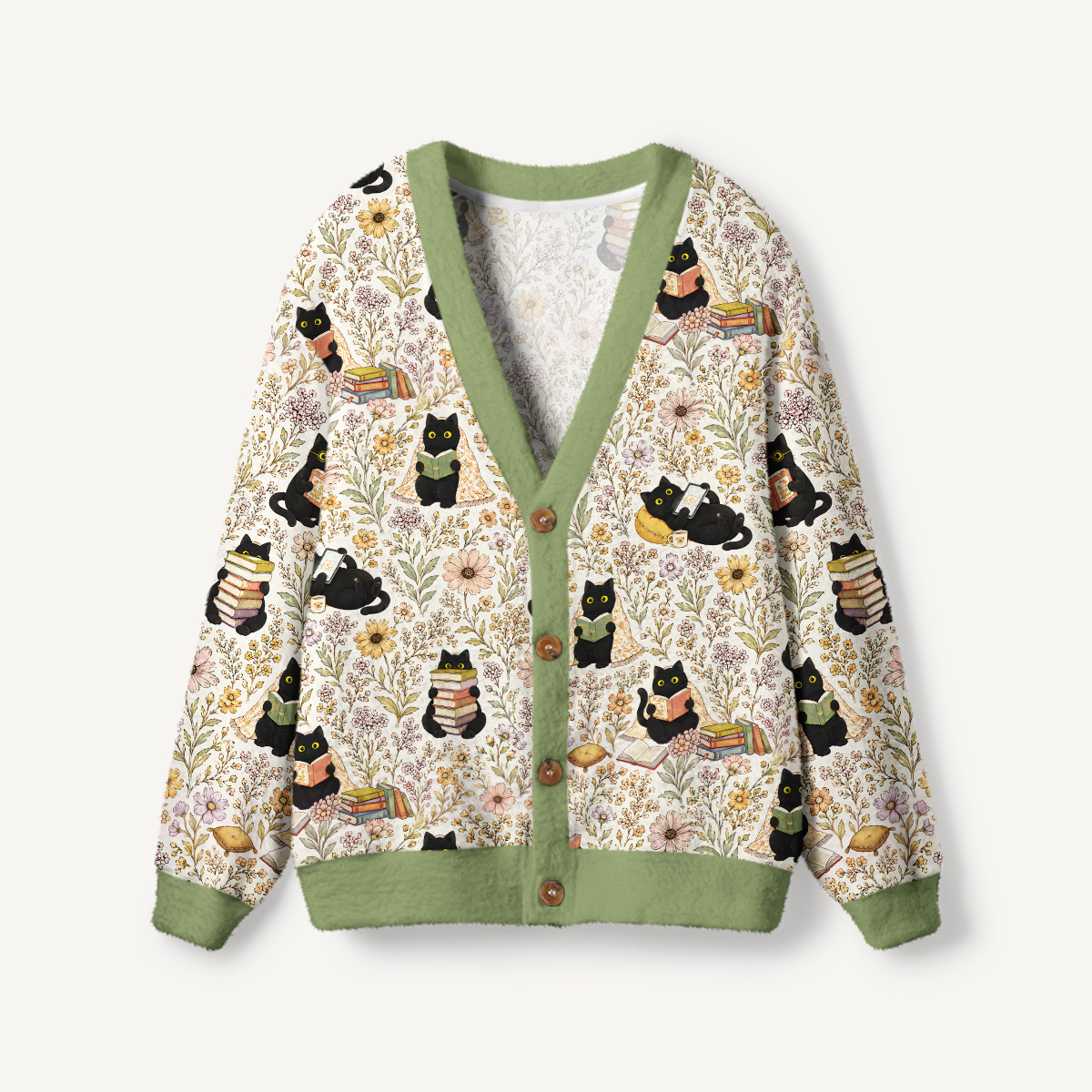 Books Blooms and Black Cats Print Cardigan Sweaters