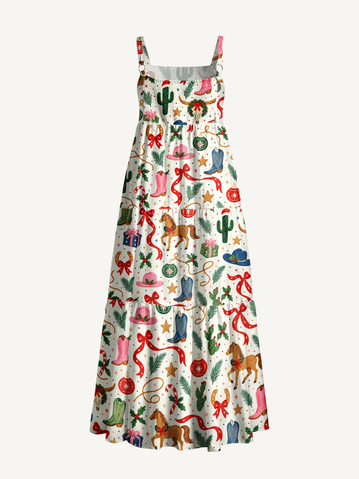 Western Christmas Rodeo Print Wide Straps Maxi Dress With Pockets
