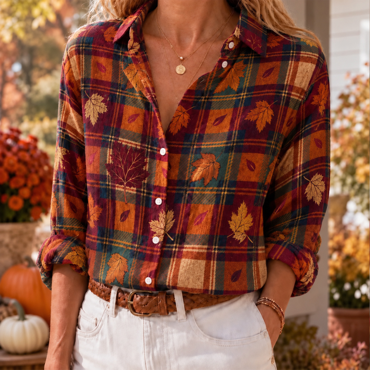 Autumn Leaves Plaid Long-Sleeve Button-Up Shirt