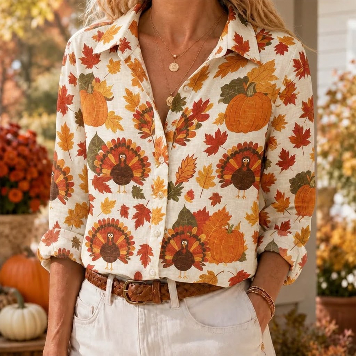 Autumn Harvest Turkey & Pumpkin Long-Sleeve Button-Up Shirt