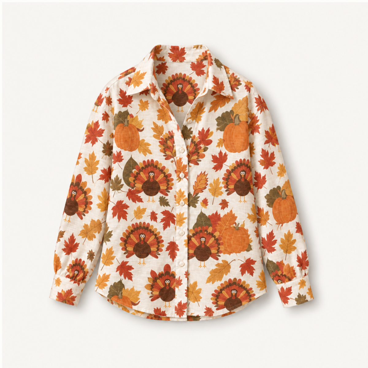 Autumn Harvest Turkey & Pumpkin Long-Sleeve Button-Up Shirt