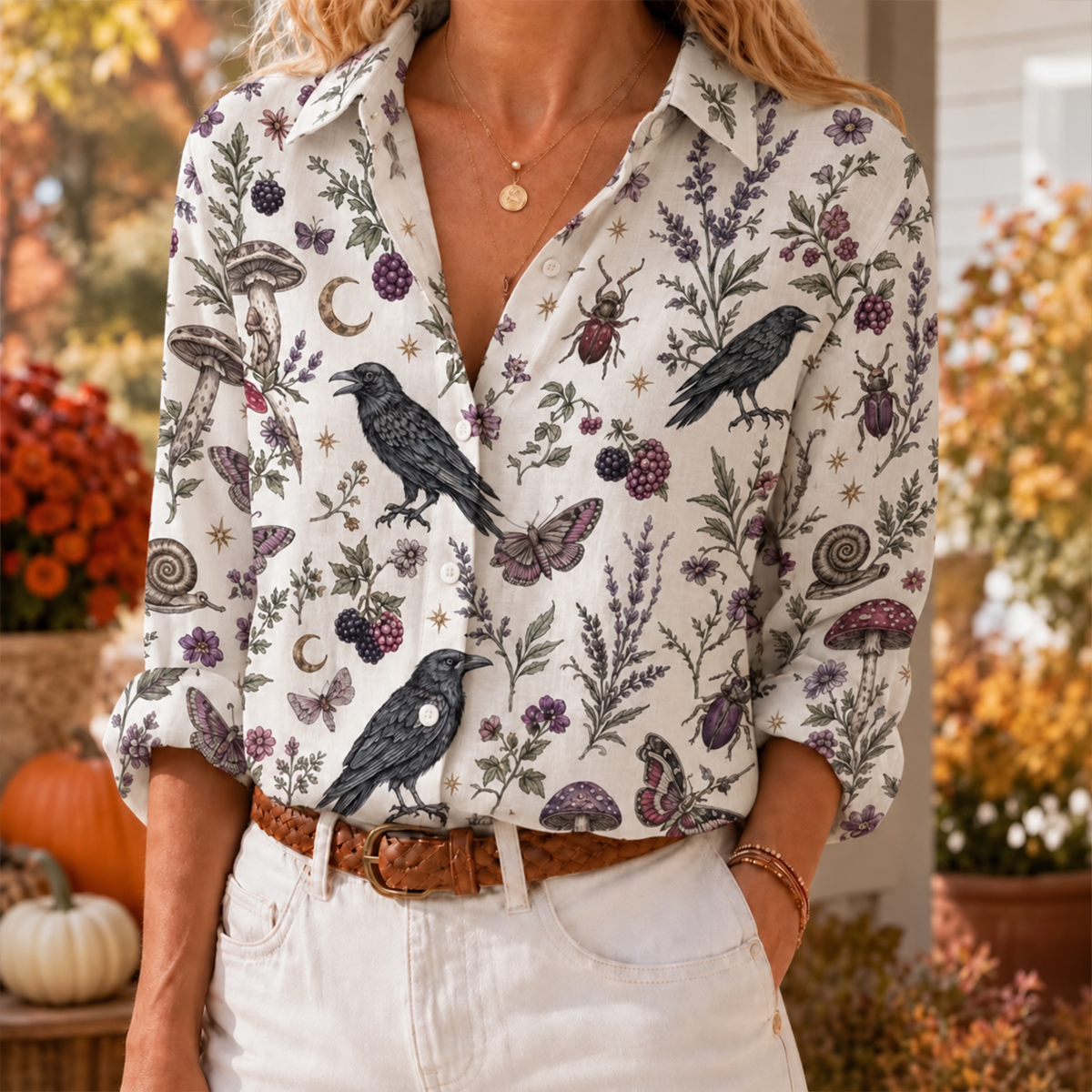 Mystical Raven & Wildflowe Long-Sleeve Button-Up Shirt