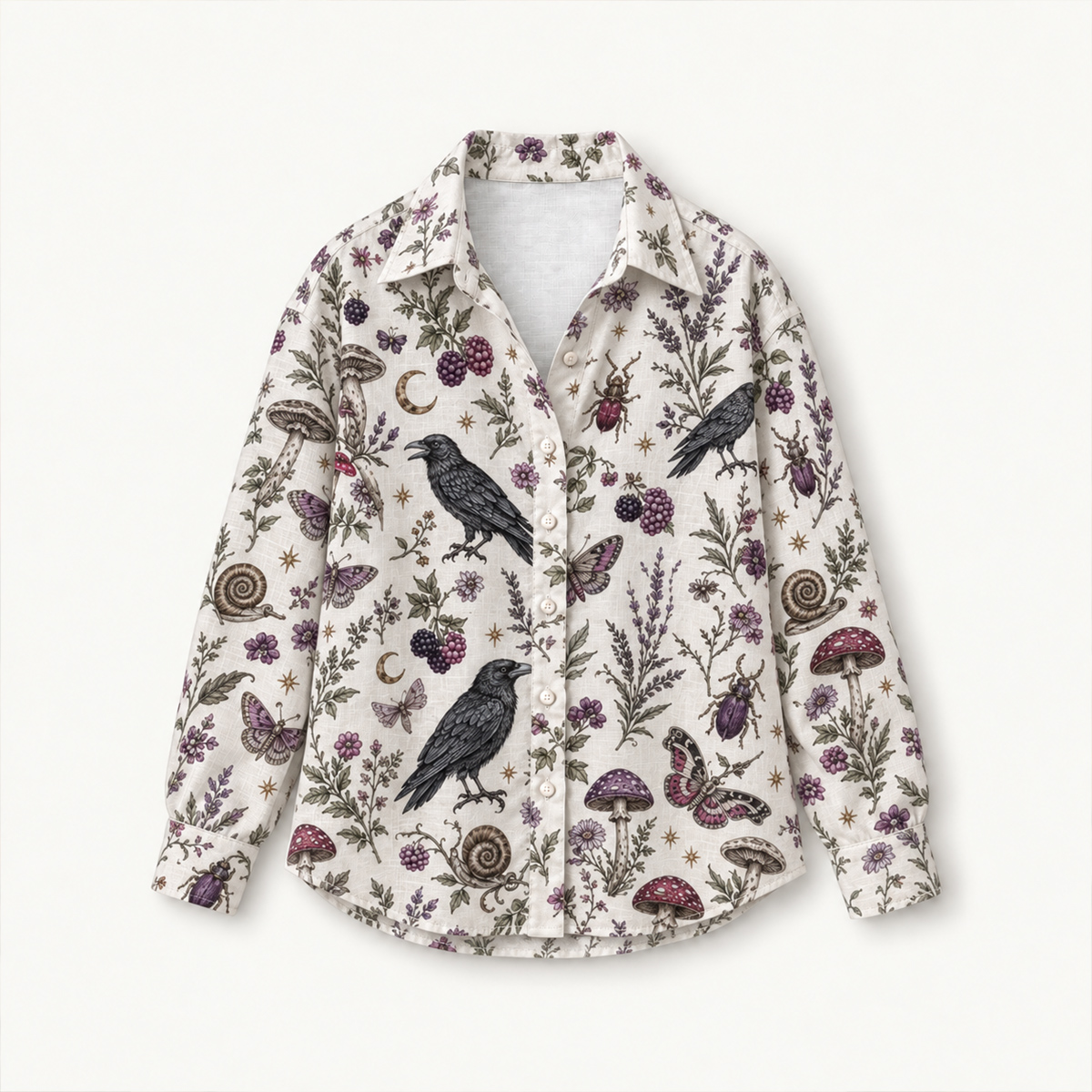 Mystical Raven & Wildflowe Long-Sleeve Button-Up Shirt