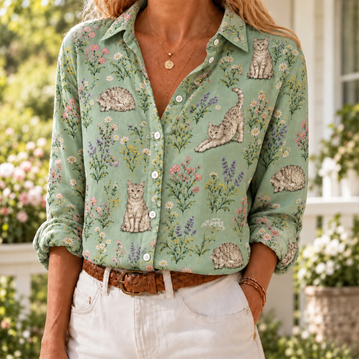 Cottage Garden Cats Long-Sleeve Button-Up Shirt