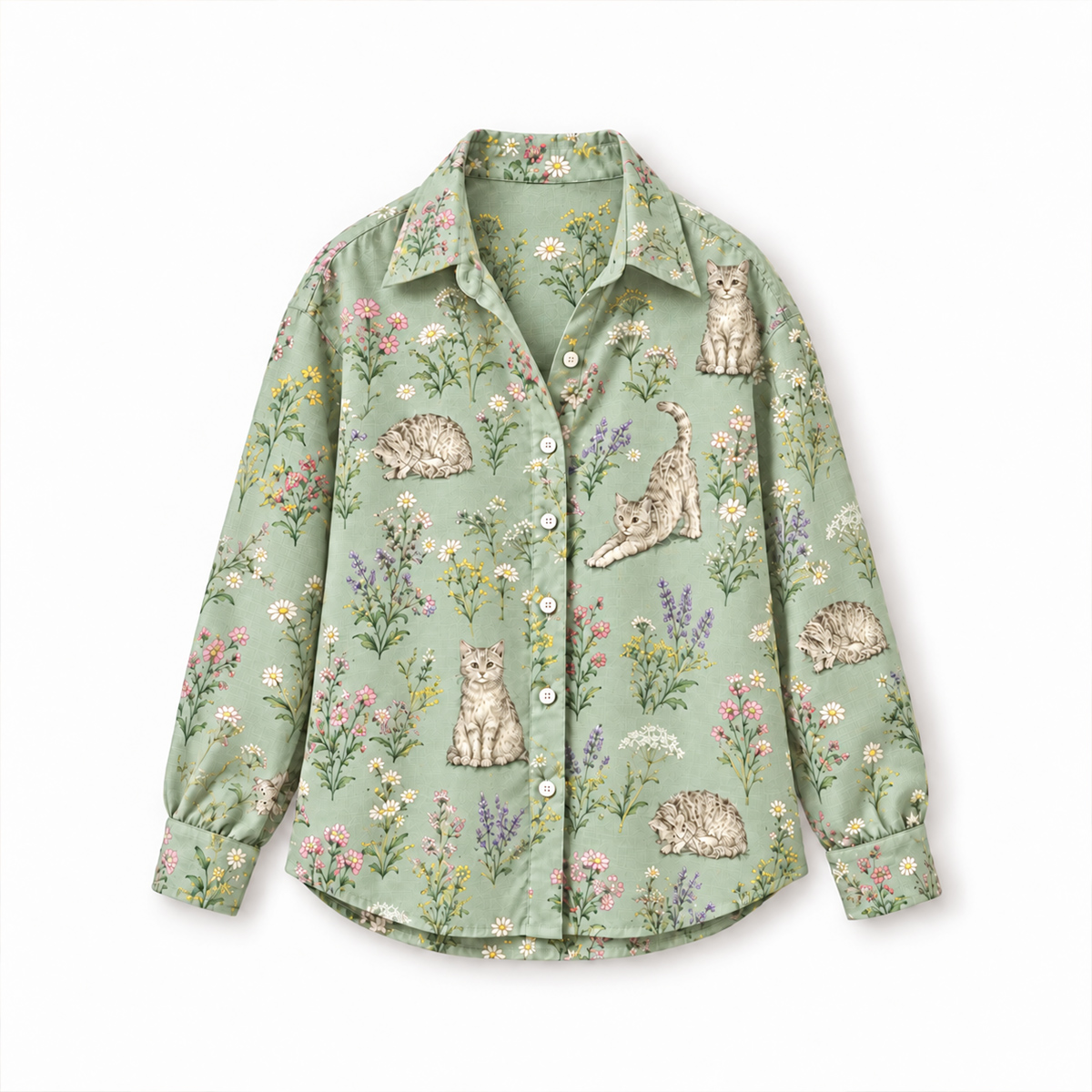 Cottage Garden Cats Long-Sleeve Button-Up Shirt