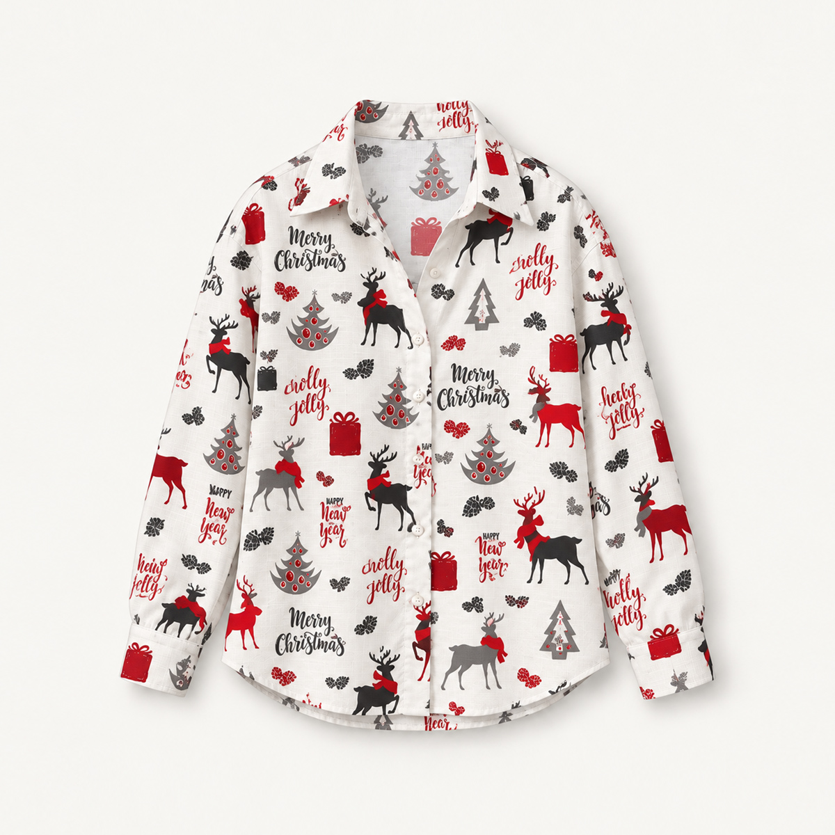 Merry Christmas Reindeer Long-Sleeve Button-Up Shirt