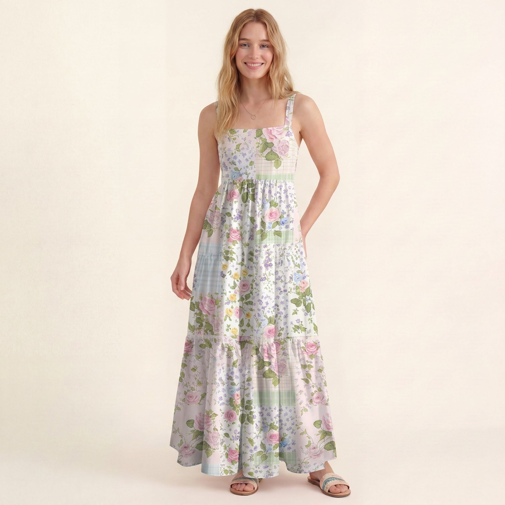 Pastel Rose Print Wide Straps Maxi Dress With Pockets