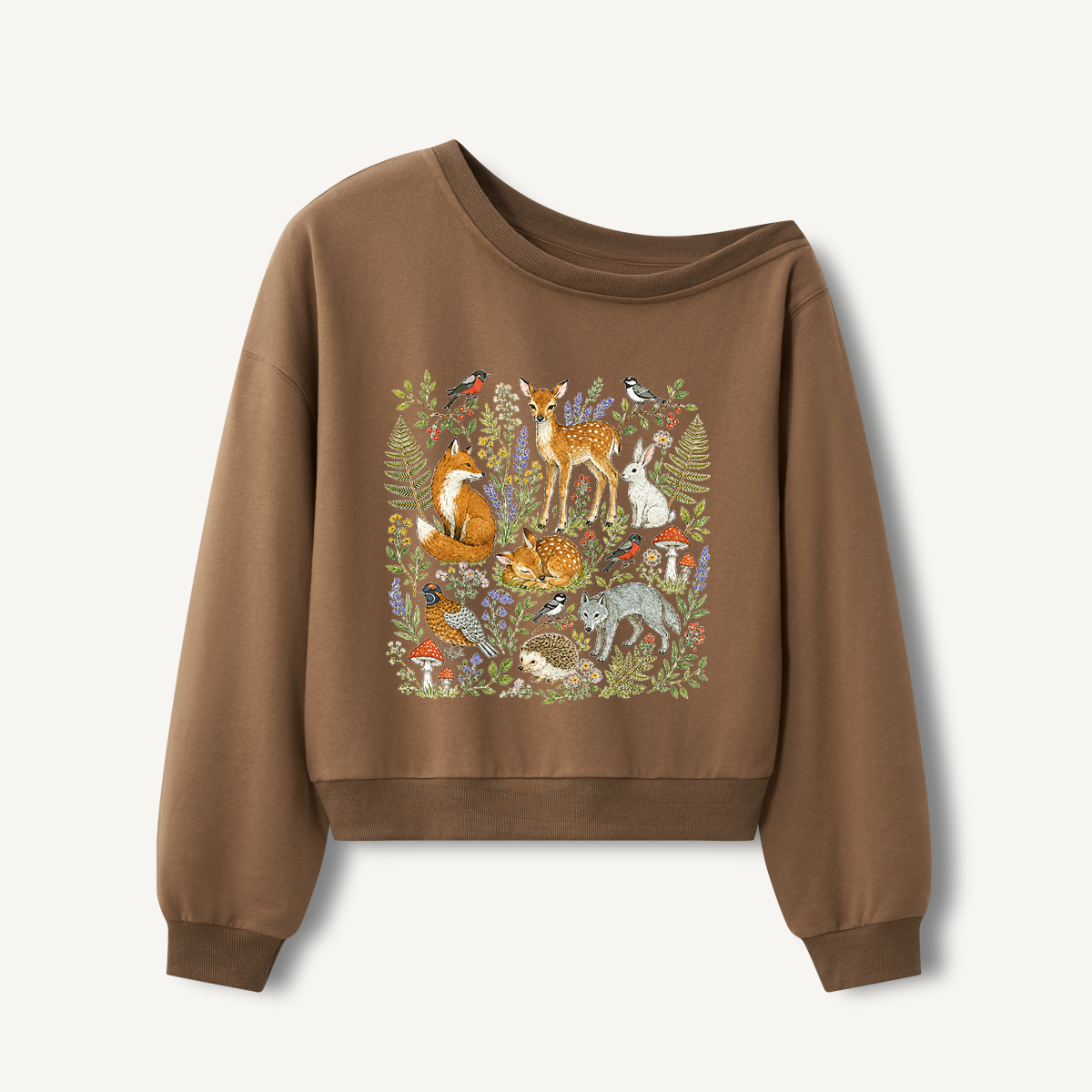 Woodland Garden Friends Print Off Shoulder Sweatshirts 