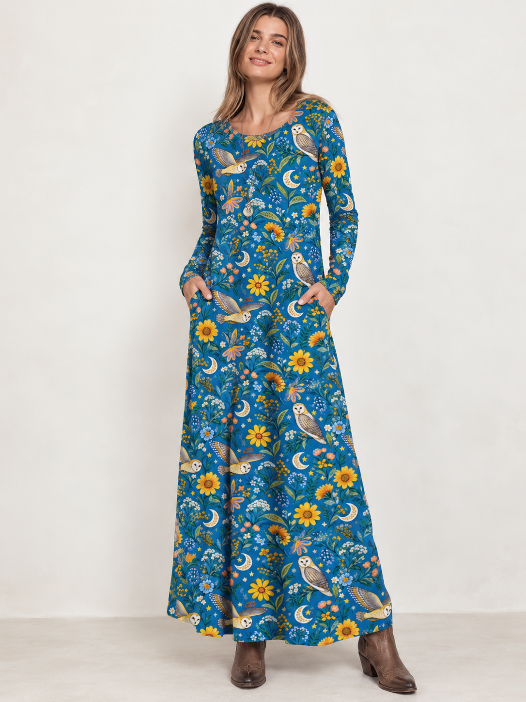 Moonlit Owl & Wildflowers Print Soft-Touch Stretch Knit Long Sleeve Maxi Dress with Pockets