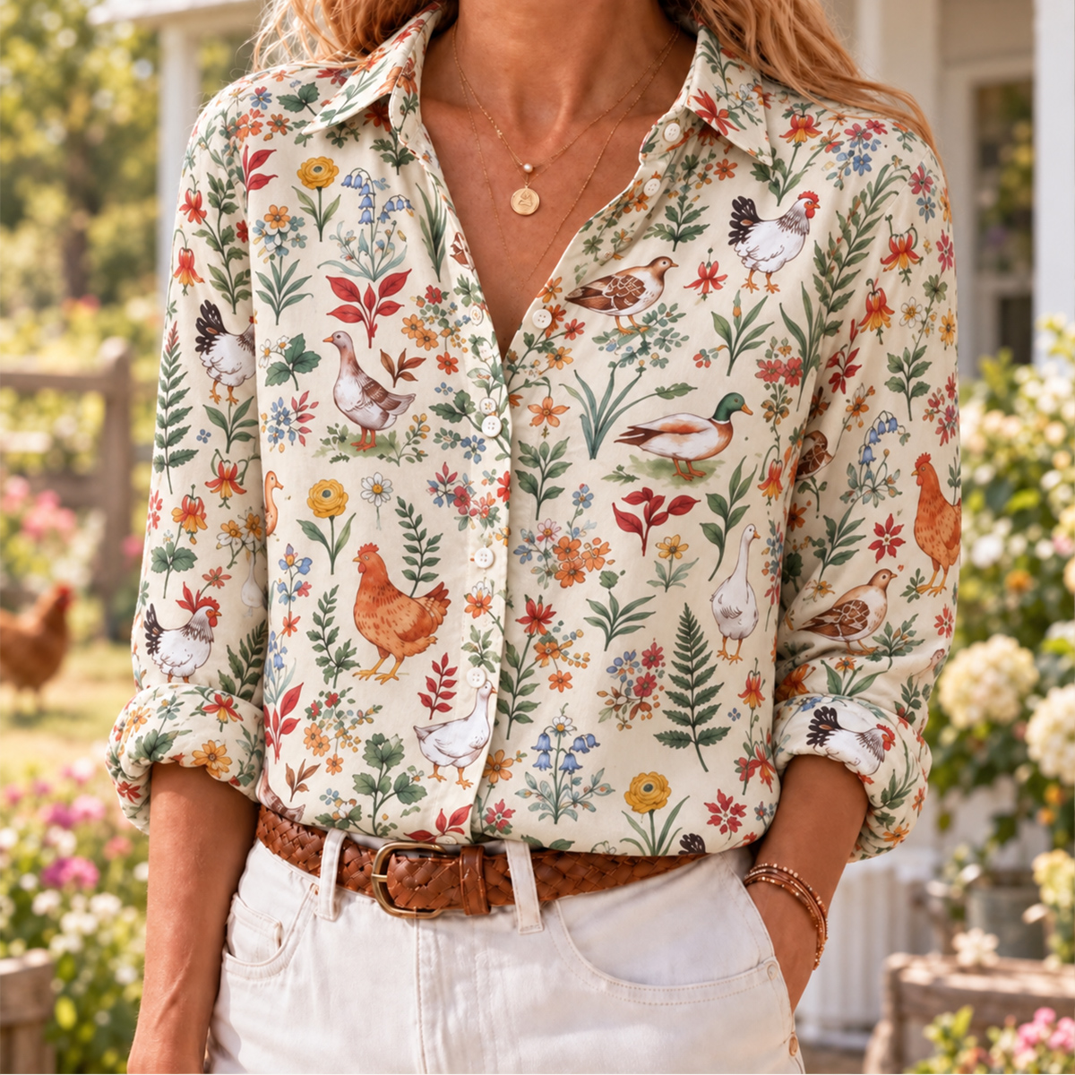 Countryside Garden Critter Long-Sleeve Button-Up Shirt