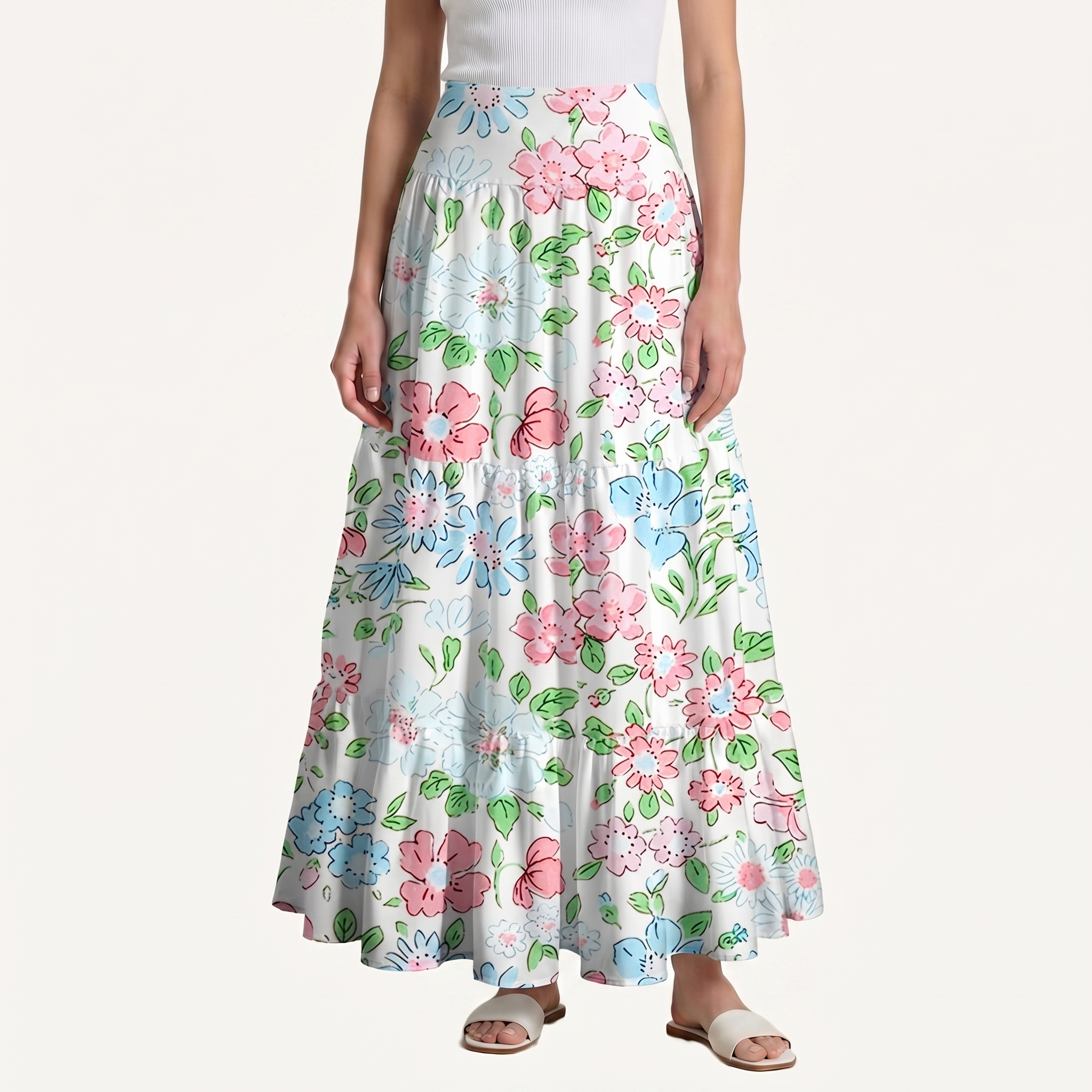 Pastel Cottage Floral Print Maxi Skirt
