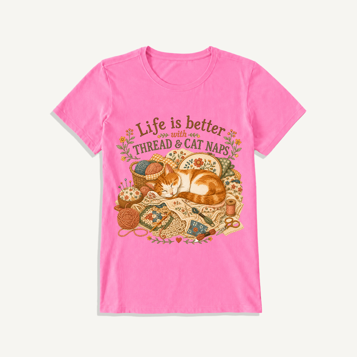 Thread and Cat Naps Print Crew Neck Cotton Tee