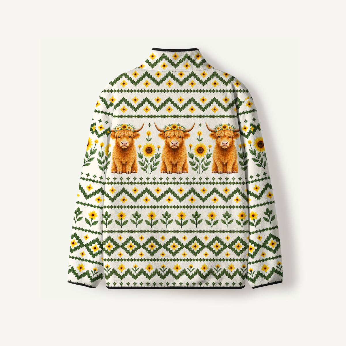 Spring Highland Cow Print Fleece Jacket