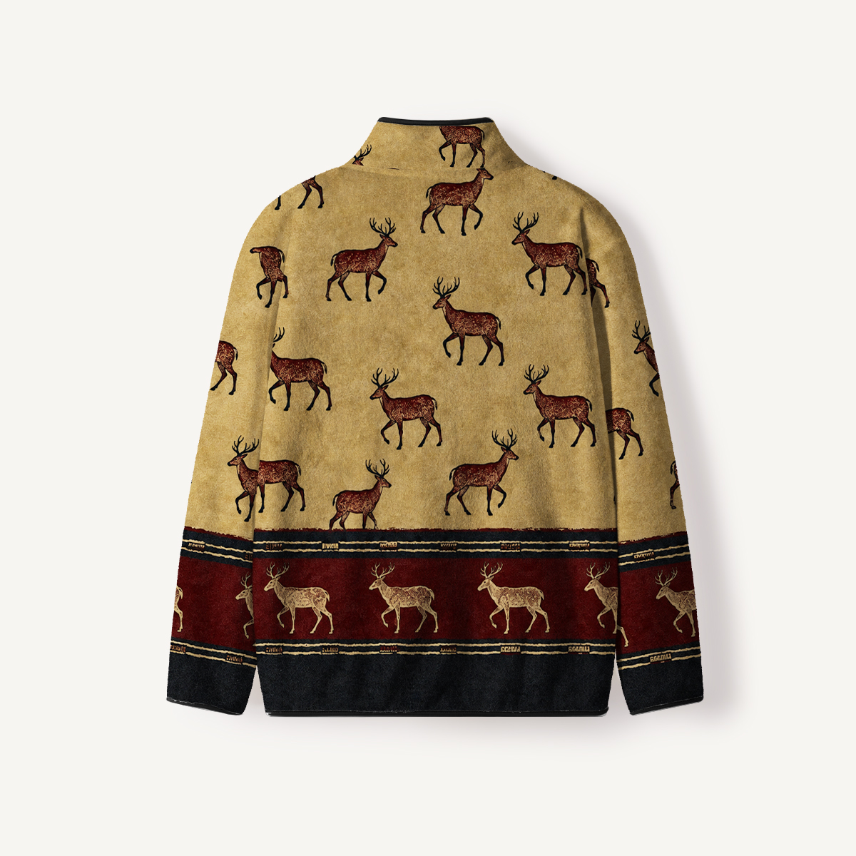 Vintage Deer Pattern Full Zip Stand Collar Fleece Jacket