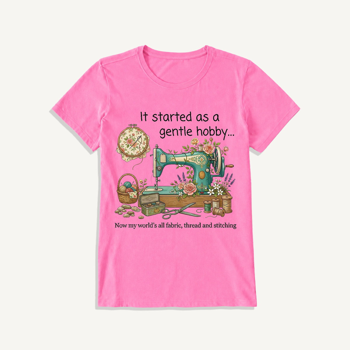 Gentle Hobby Floral Sewing Print Crew Neck Cotton Tee
