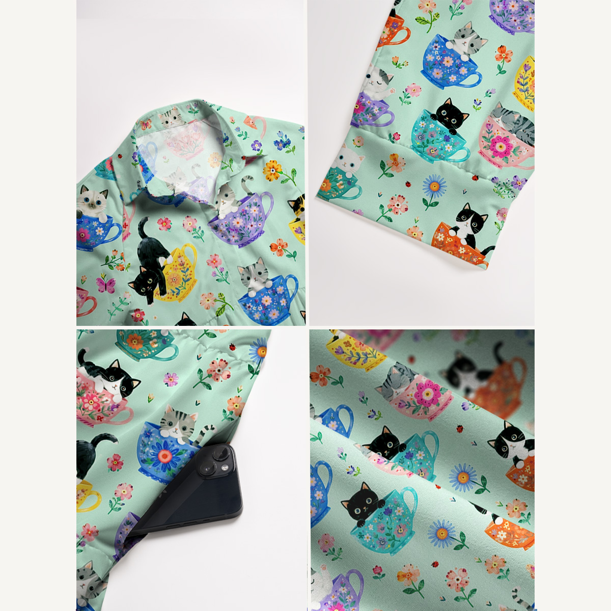 Cute Teacup Kitten Print Casual Midi Dress With Pockets