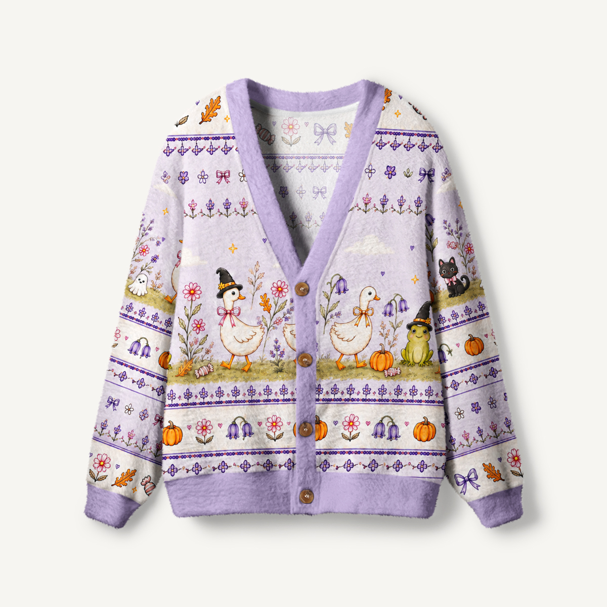 Witchy Goose Garden Print Halloween Ugly Cardigan Sweaters
