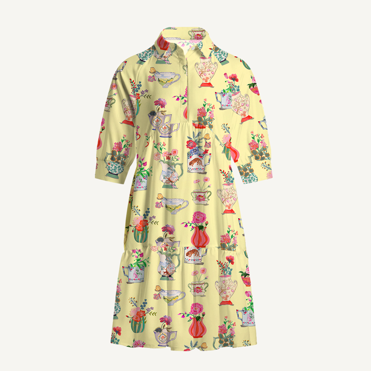V Neck Collared Colorful Flower Vase Mini Dress For Women With Pockets